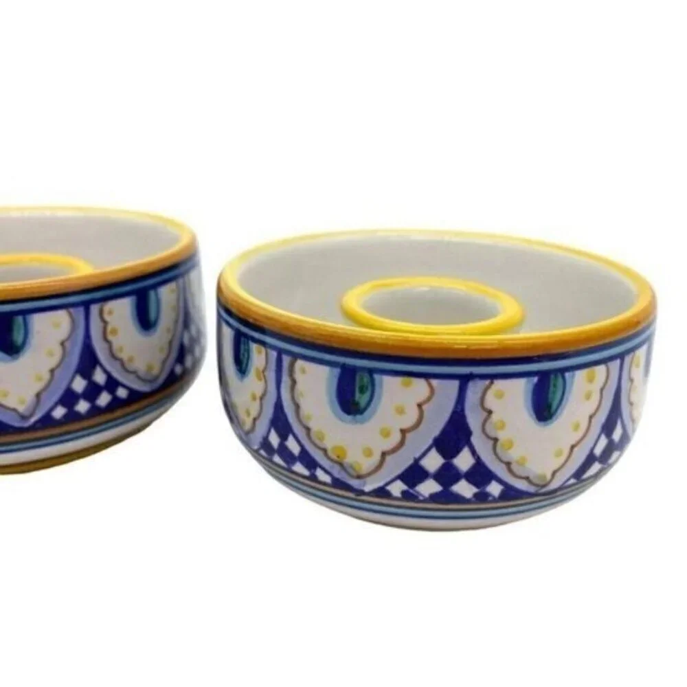 Deruta Italy Dip Amano Mano Franco Mari Artist Signed Candle Stick Holders